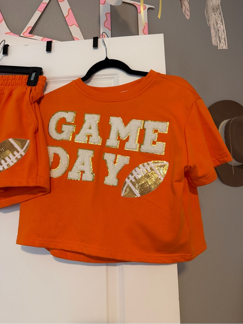 She + Sky Orange Sequin Accent Crop Tee